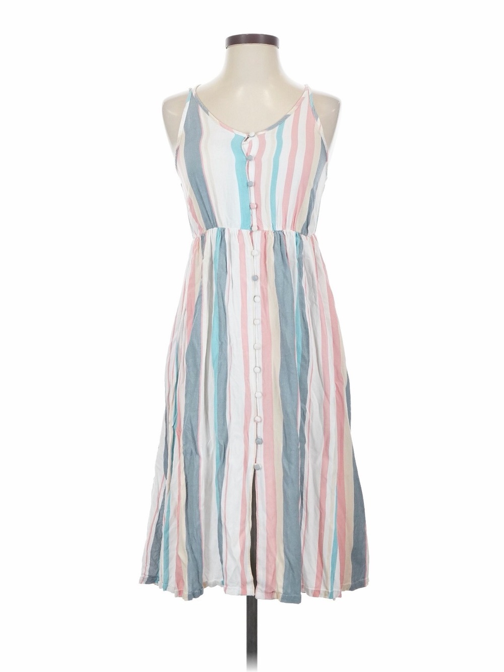 Roxy Pastel Striped Button-Front Midi Dress in Pink & Blue & White